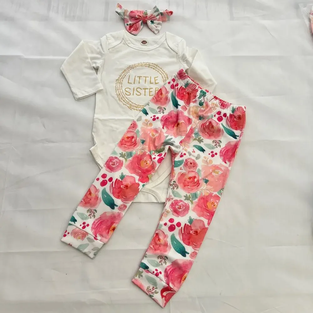 LittleSister Outfit Matching Baby Girl clothes LongSleeve Floral Pant Set 12-18M